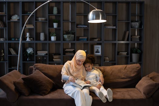 a cozy reading nook with warm lighting